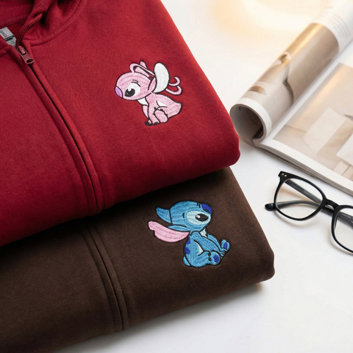 Couples Embroidered Quarter Zip Sweatshirt - Unique Cartoon Duo Matching Full-Zip Hoodie