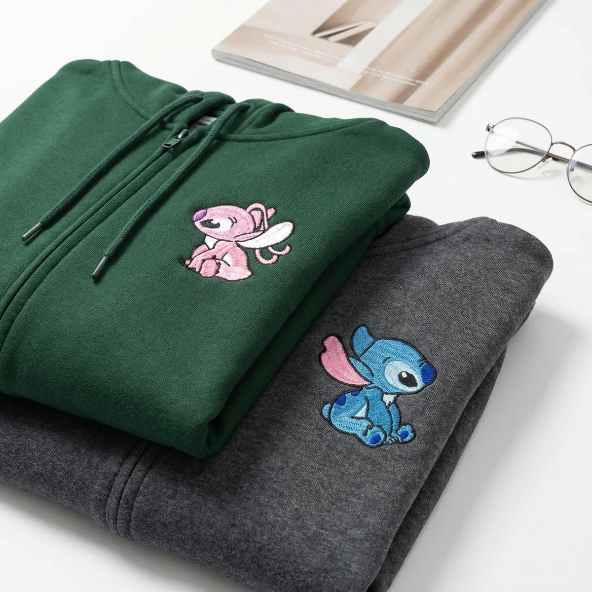 Couples Embroidered Quarter Zip Sweatshirt - Unique Cartoon Duo Matching Full-Zip Hoodie