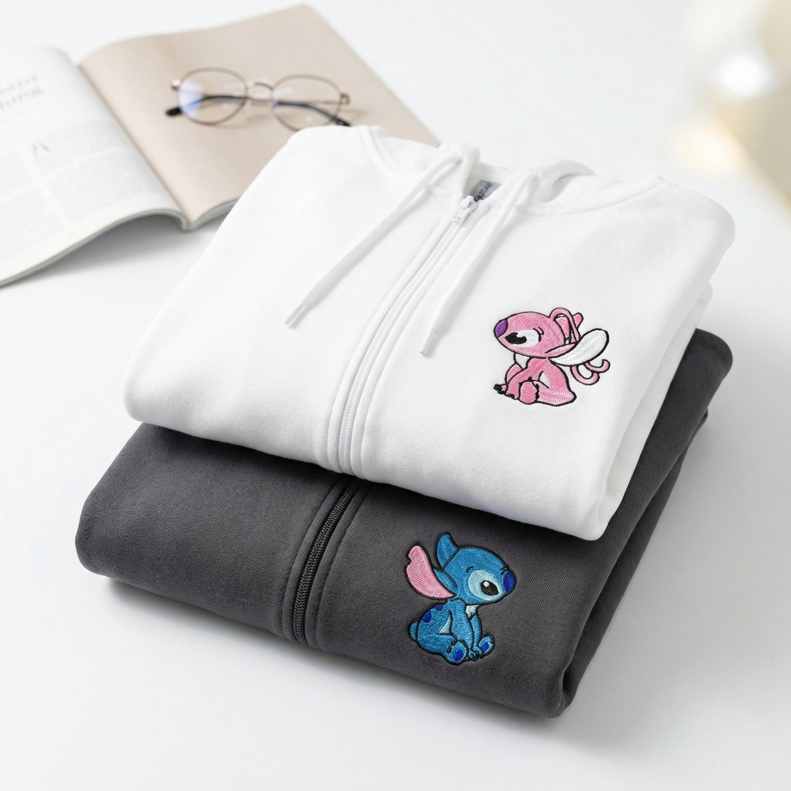 Couples Embroidered Quarter Zip Sweatshirt - Unique Cartoon Duo Matching Full-Zip Hoodie