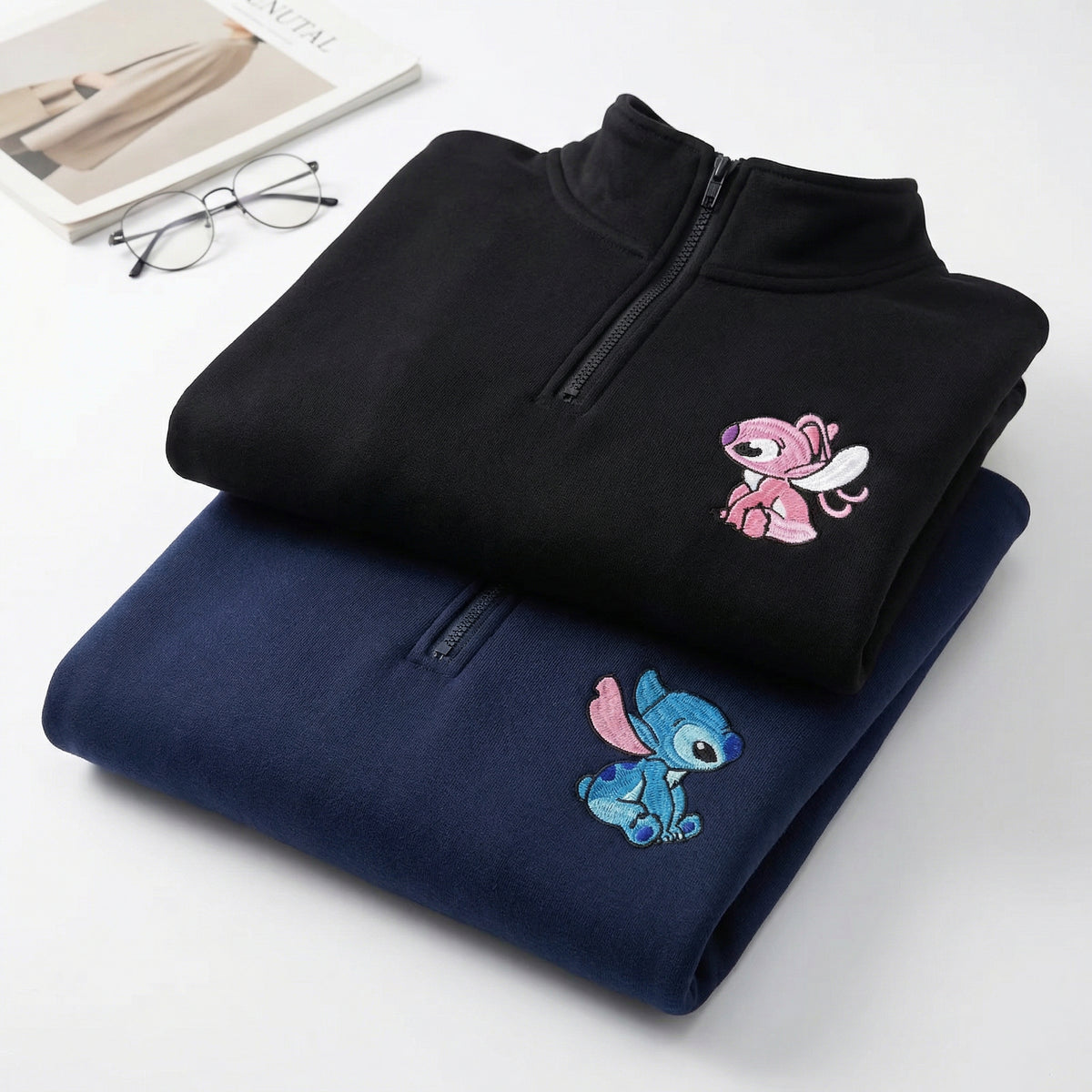 Couples Embroidered Quarter Zip Sweatshirt - Unique Cartoon Duo Matching Full-Zip Hoodie
