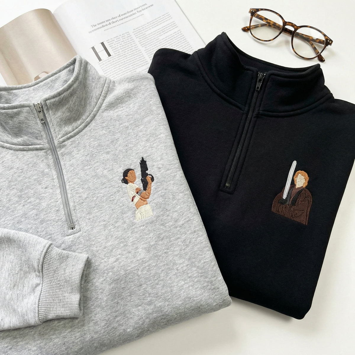 Couples Embroidered Quarter Zip Sweatshirts - Romantic Galaxy-Inspired Matching Full-Zip Hoodie