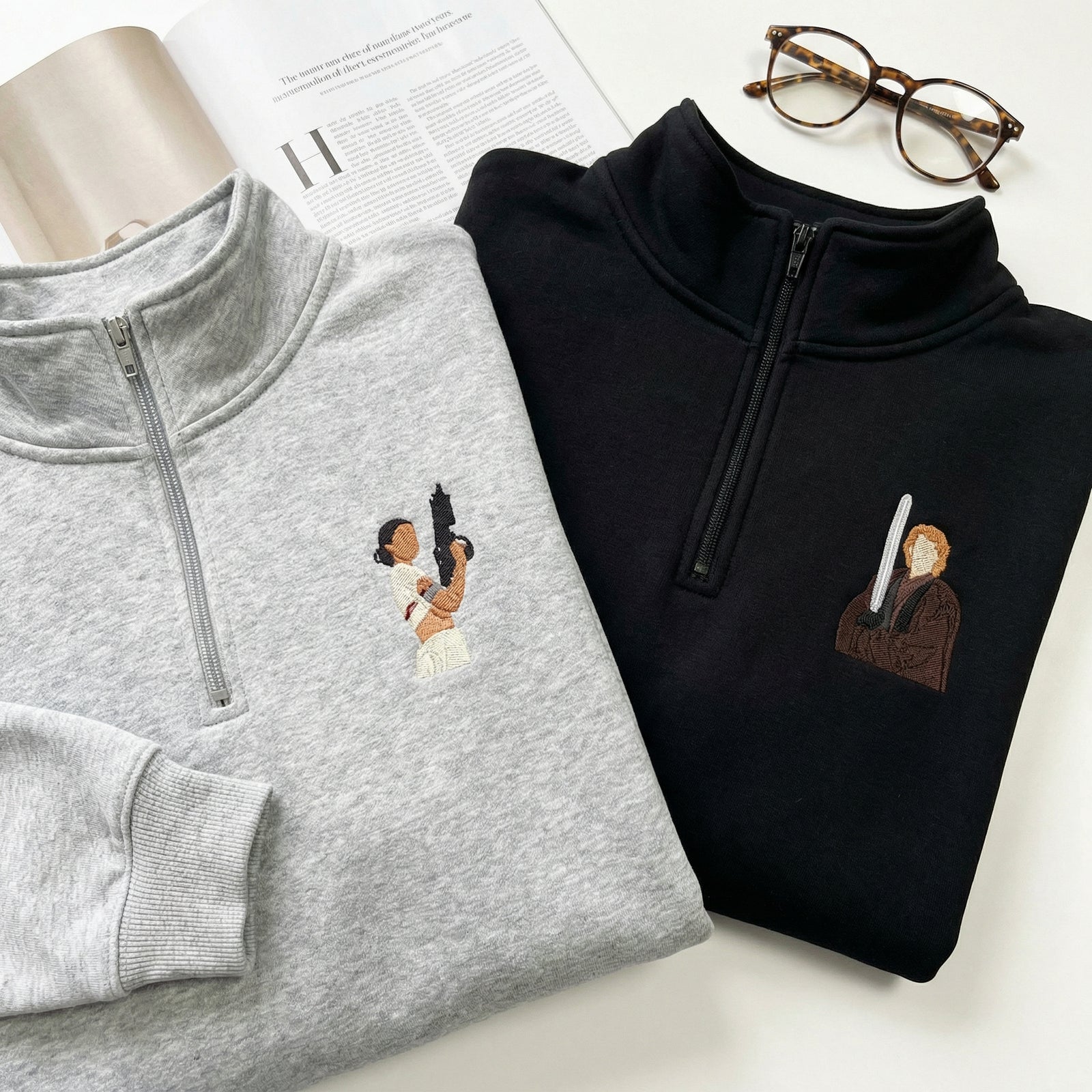 Couples Embroidered Quarter Zip Sweatshirts - Romantic Galaxy-Inspired Matching Full-Zip Hoodie