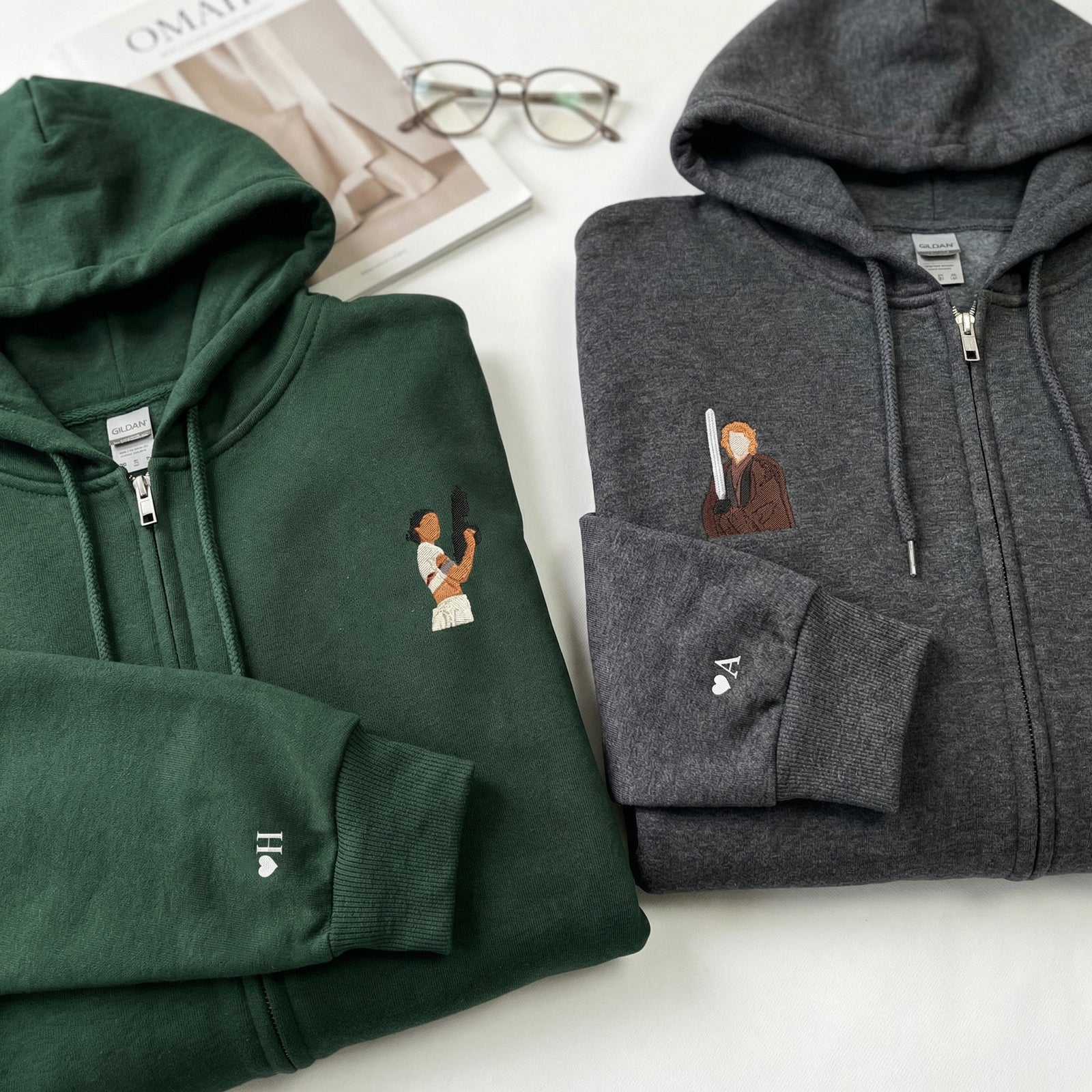 Couples Embroidered Quarter Zip Sweatshirts - Romantic Galaxy-Inspired Matching Full-Zip Hoodie