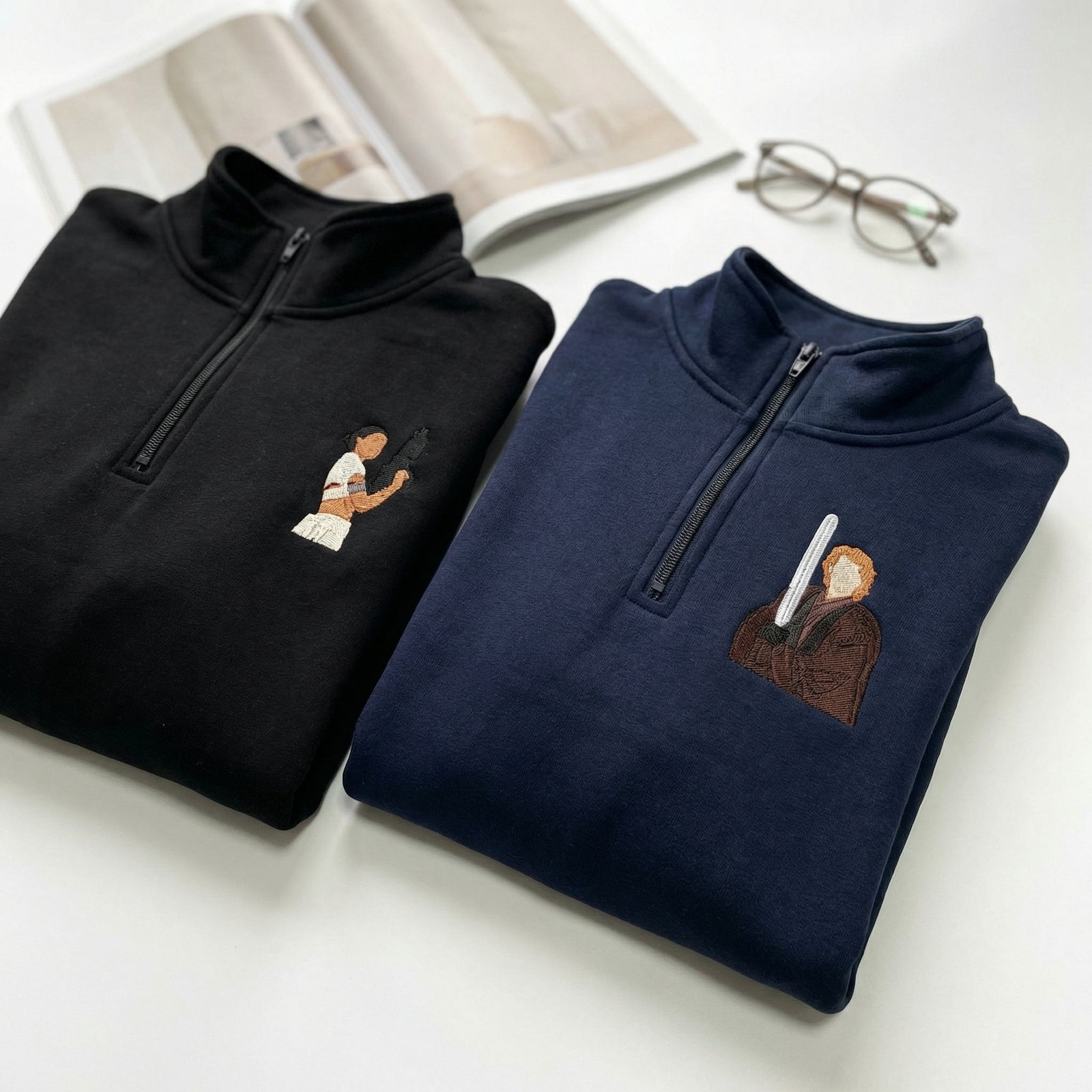 Couples Embroidered Quarter Zip Sweatshirts - Romantic Galaxy-Inspired Matching Full-Zip Hoodie