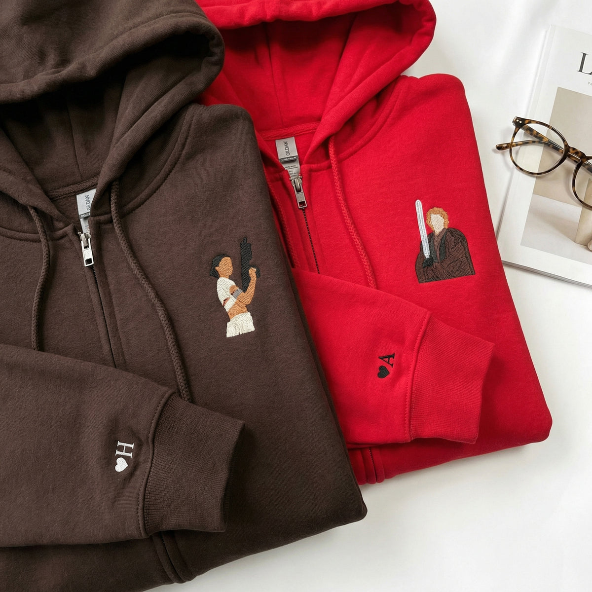 Couples Embroidered Quarter Zip Sweatshirts - Romantic Galaxy-Inspired Matching Full-Zip Hoodie