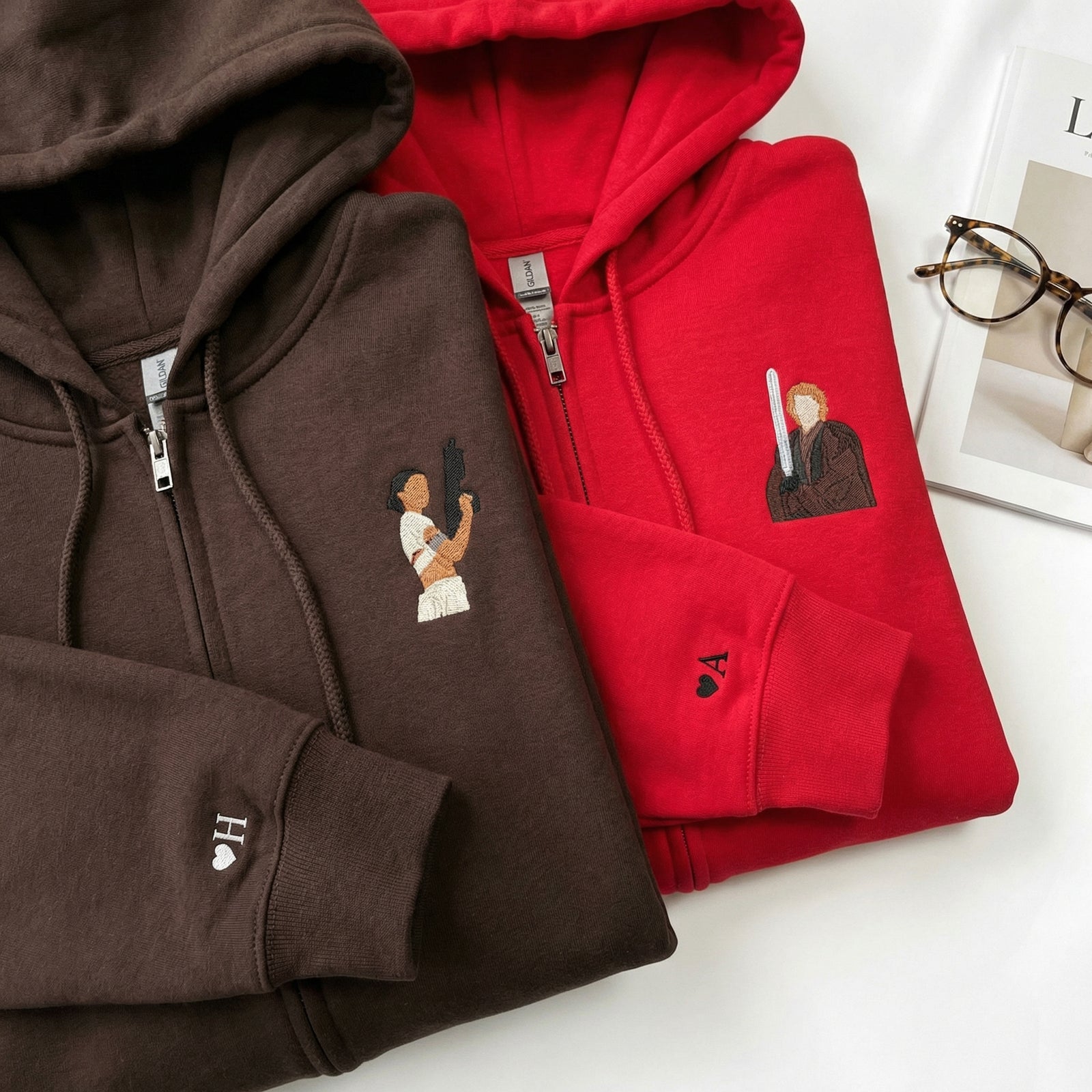 Couples Embroidered Quarter Zip Sweatshirts - Romantic Galaxy-Inspired Matching Full-Zip Hoodie