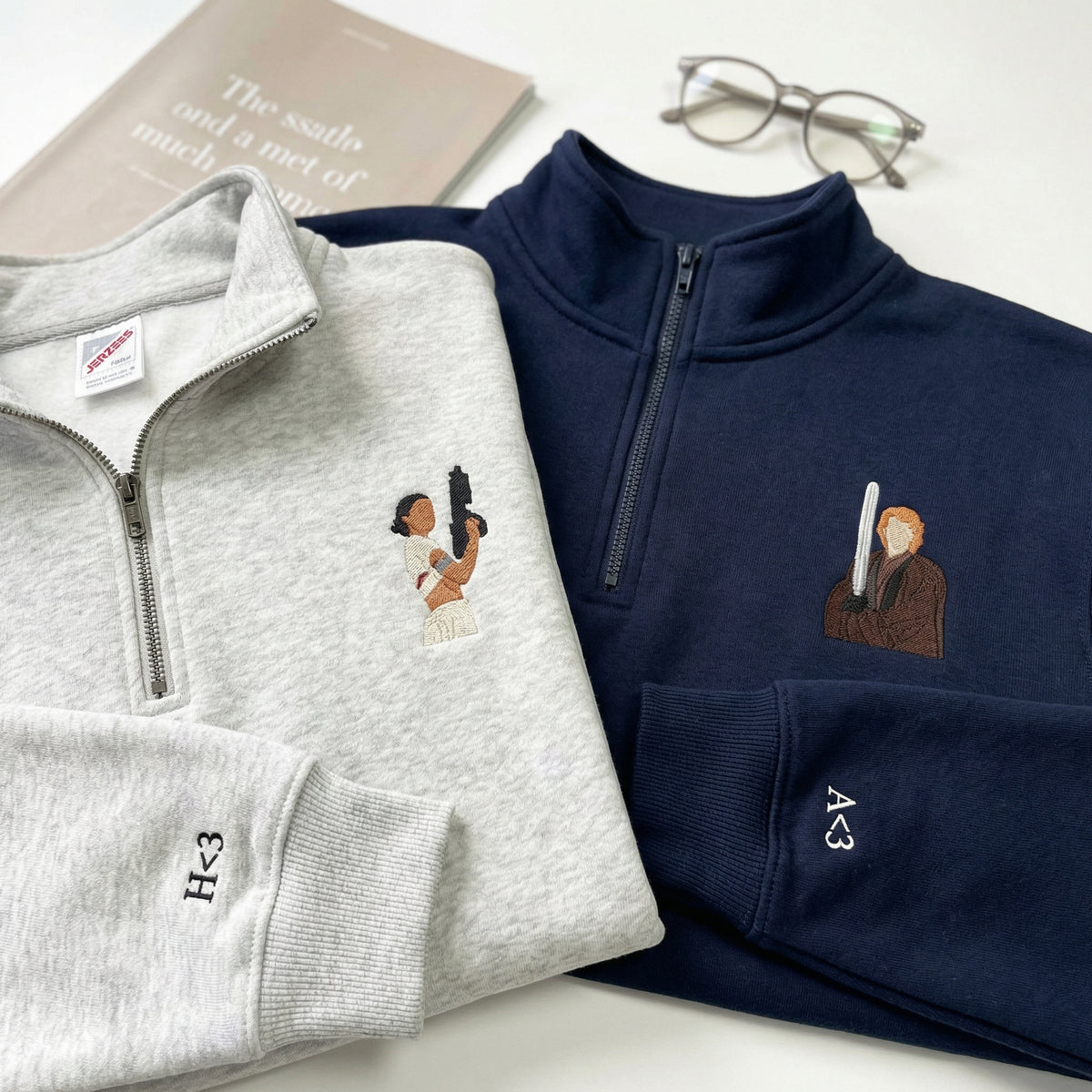 Couples Embroidered Quarter Zip Sweatshirts - Romantic Galaxy-Inspired Matching Full-Zip Hoodie