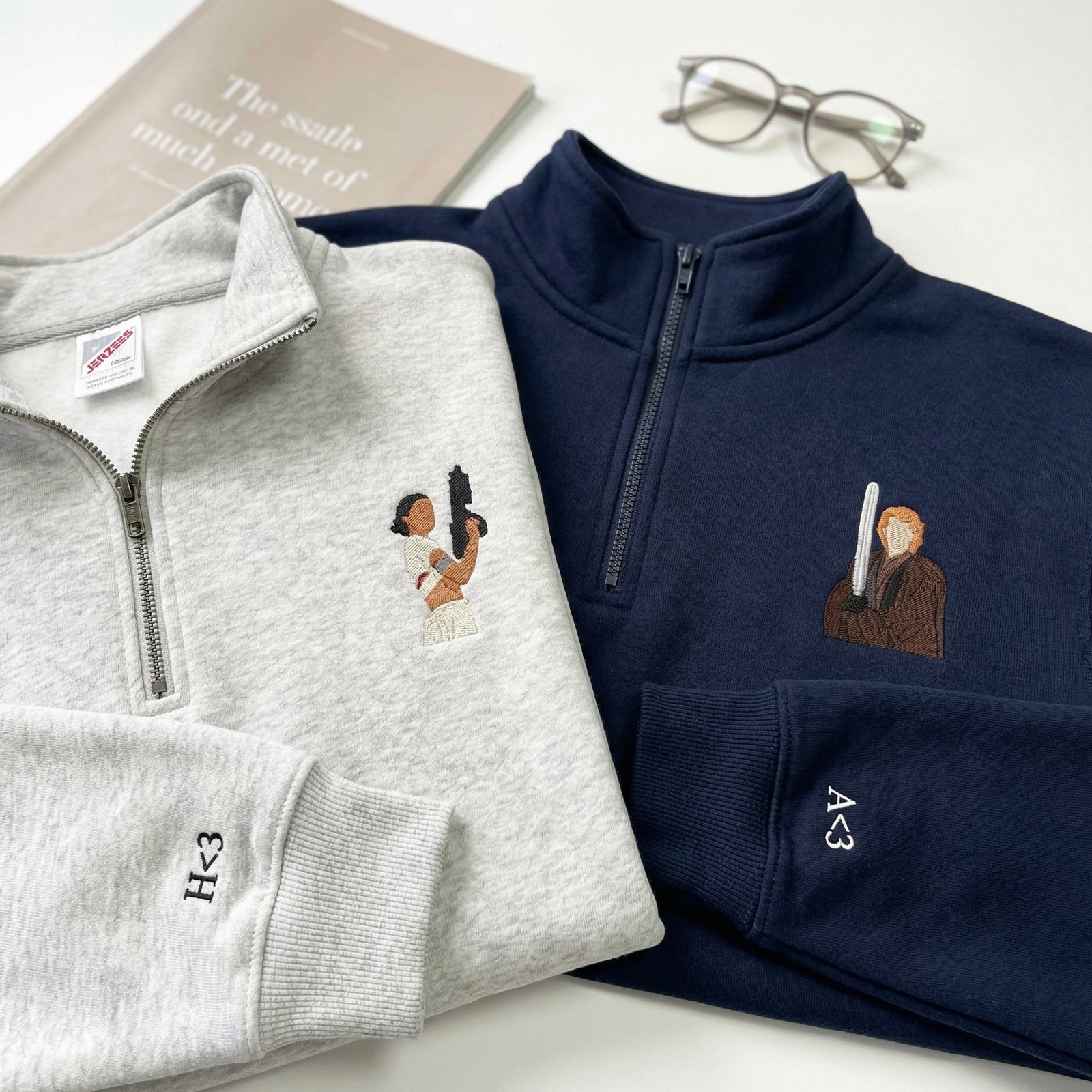 Couples Embroidered Quarter Zip Sweatshirts - Romantic Galaxy-Inspired Matching Full-Zip Hoodie