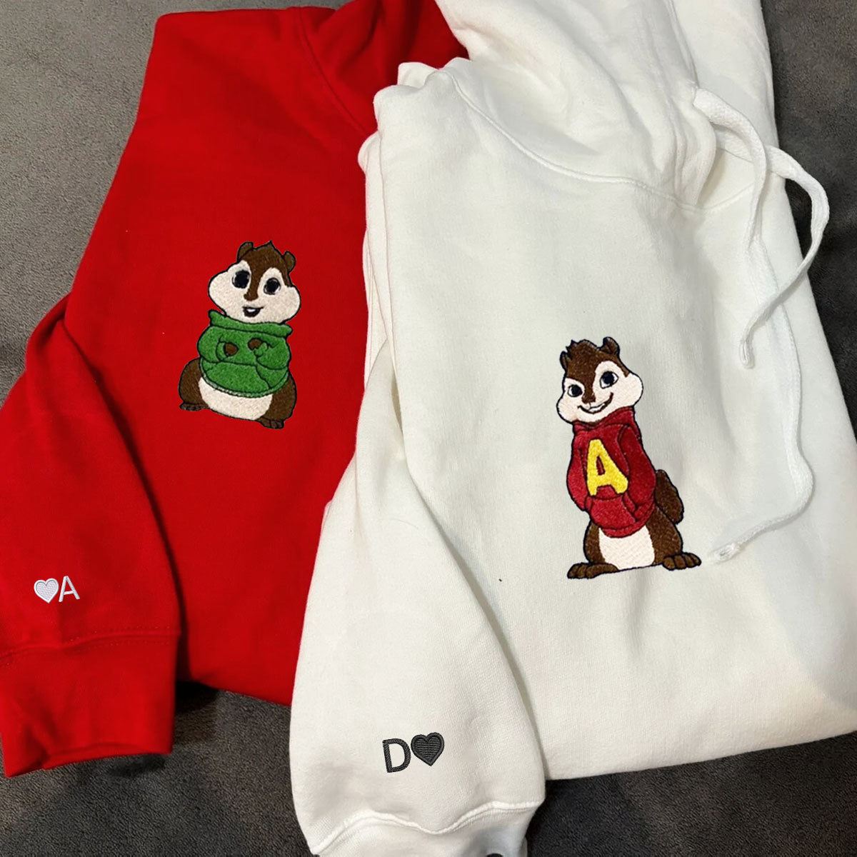 Custom Embroidered Hoodies For Couples, Cute Alvin and Theodore Couples Embroidered Hoodie