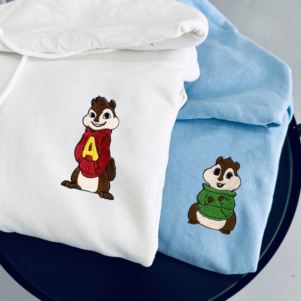 Custom Embroidered Hoodies For Couples, Cute Alvin and Theodore Couples Embroidered Hoodie