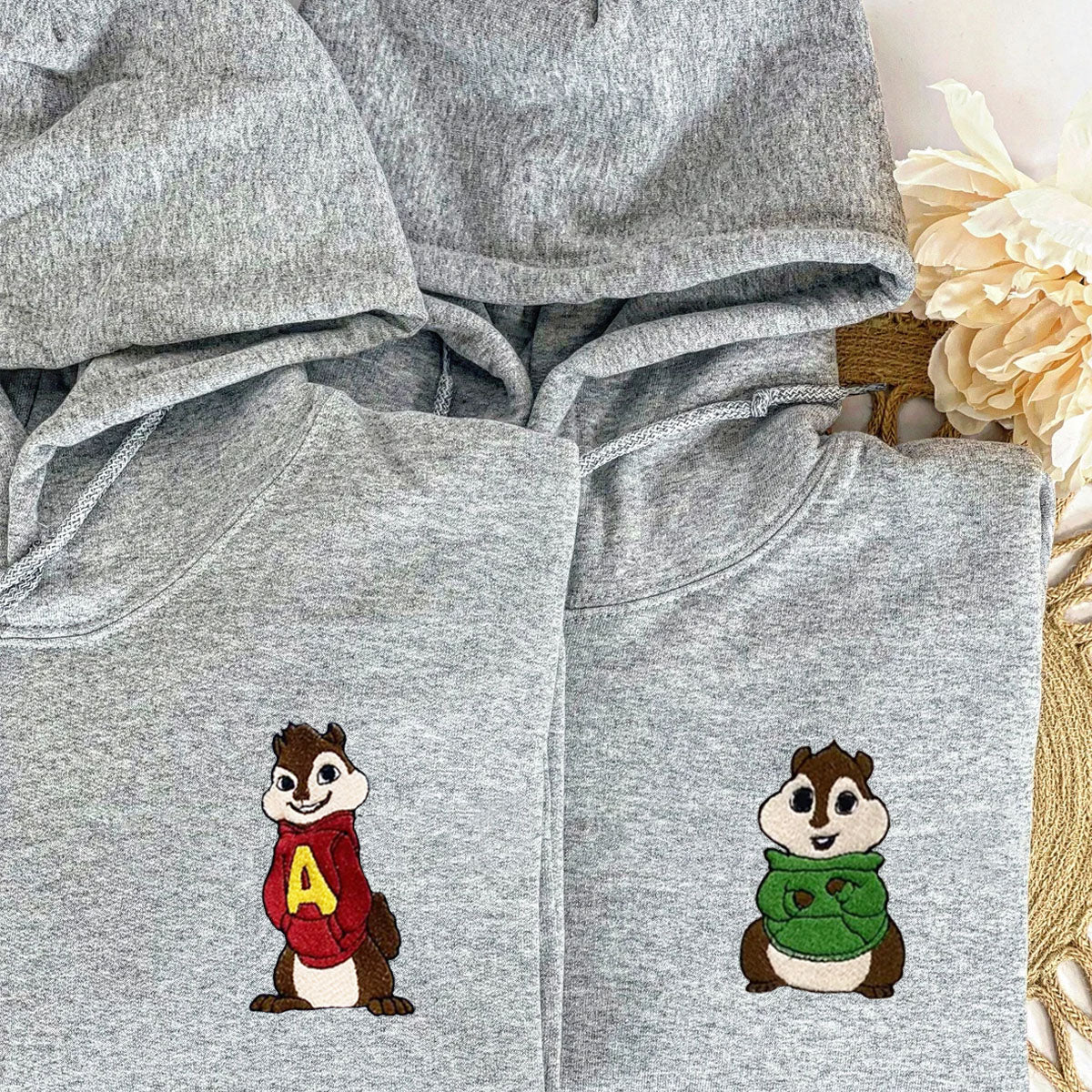 Custom Embroidered Hoodies For Couples, Cute Alvin and Theodore Couples Embroidered Hoodie