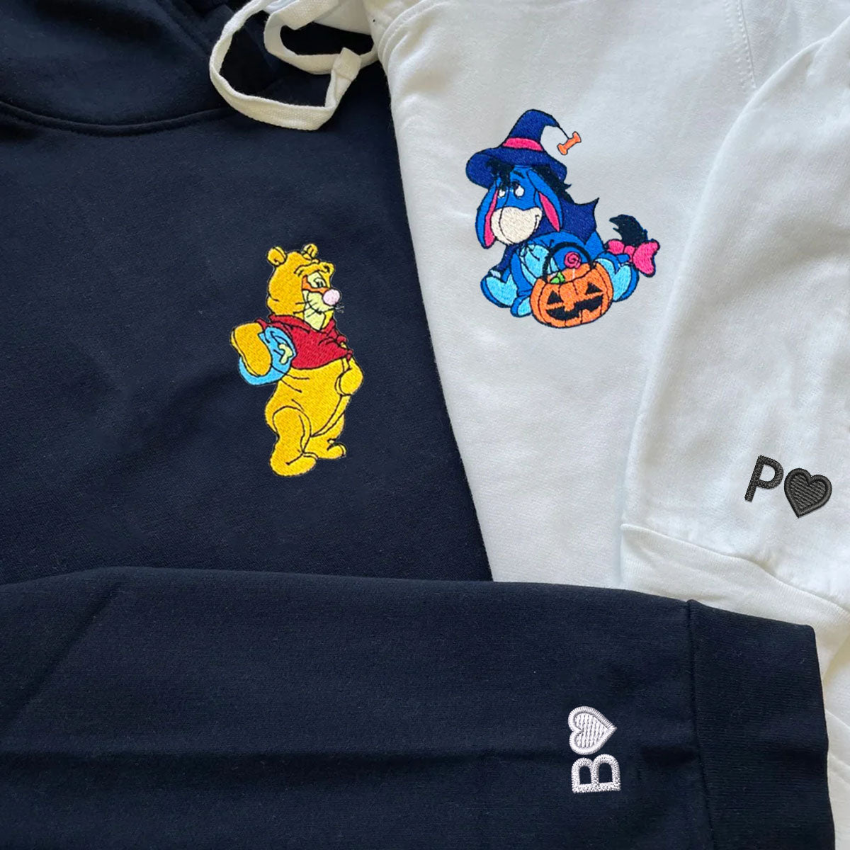 Custom Embroidered Hoodies For Couples, Cute Bear & Eeyore Halloween Couples Embroidered Hoodie