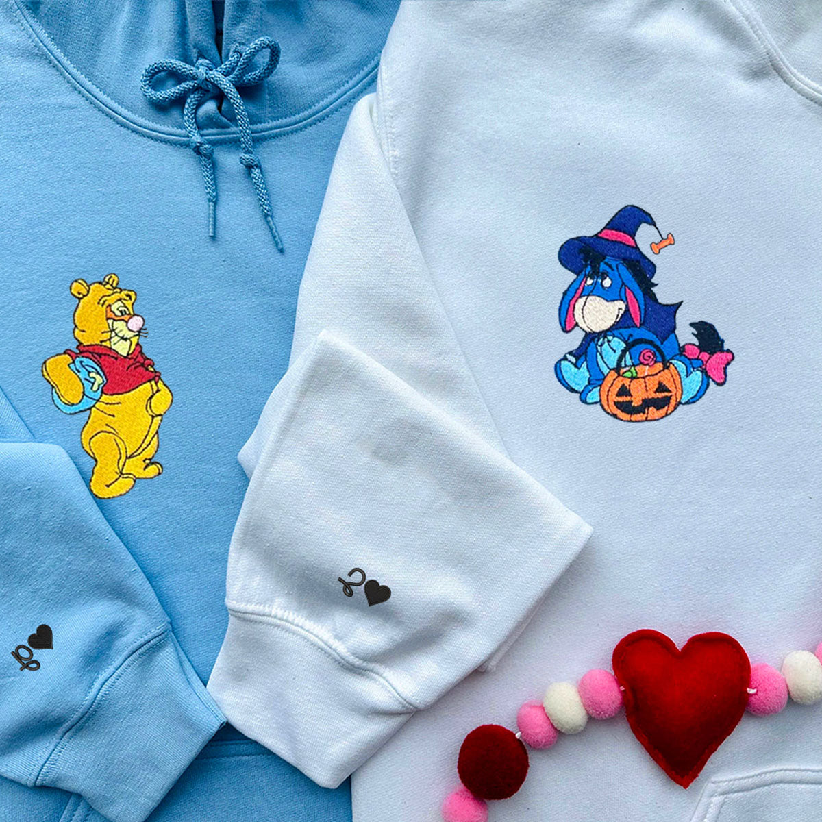 Custom Embroidered Hoodies For Couples, Cute Bear & Eeyore Halloween Couples Embroidered Hoodie