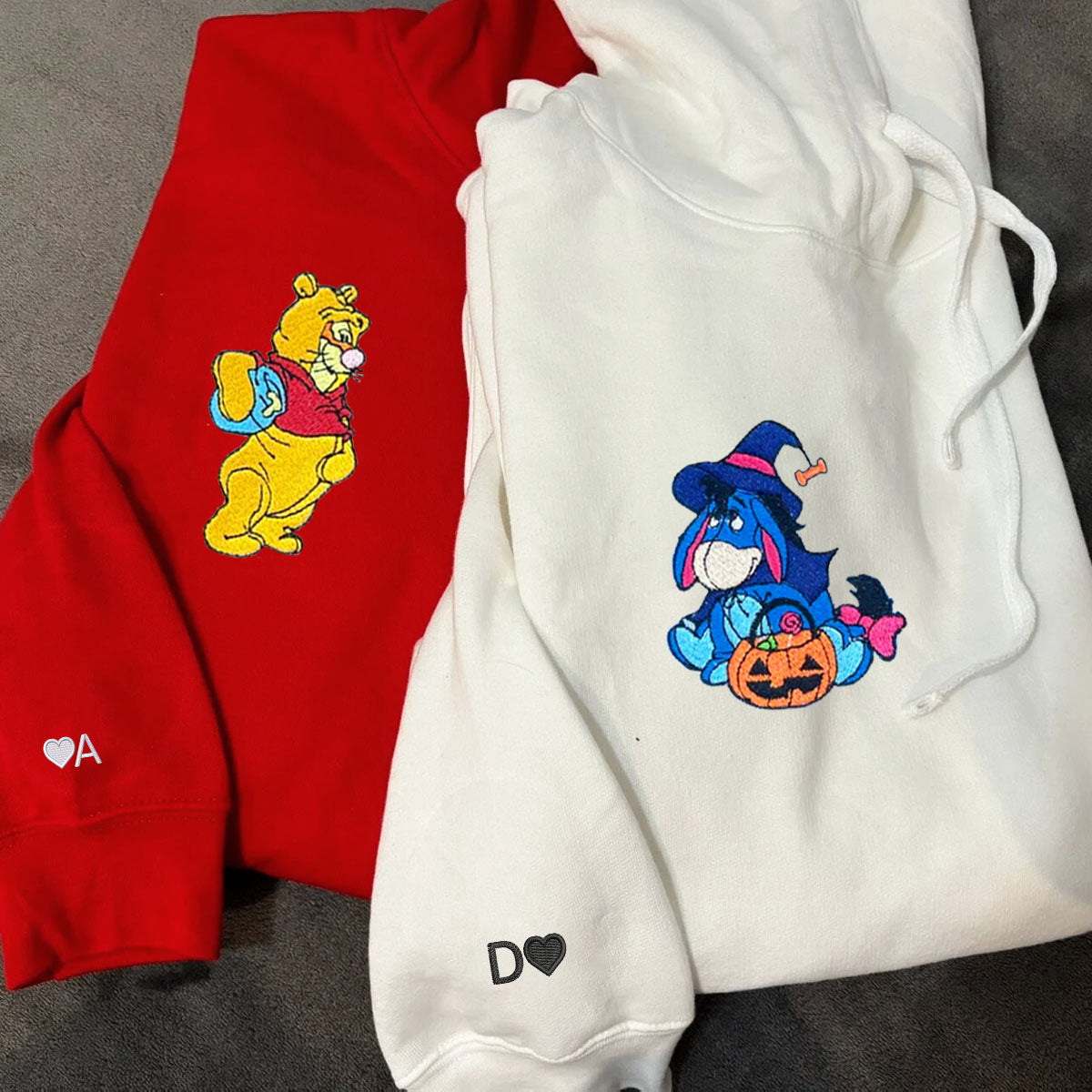 Custom Embroidered Hoodies For Couples, Cute Bear & Eeyore Halloween Couples Embroidered Hoodie