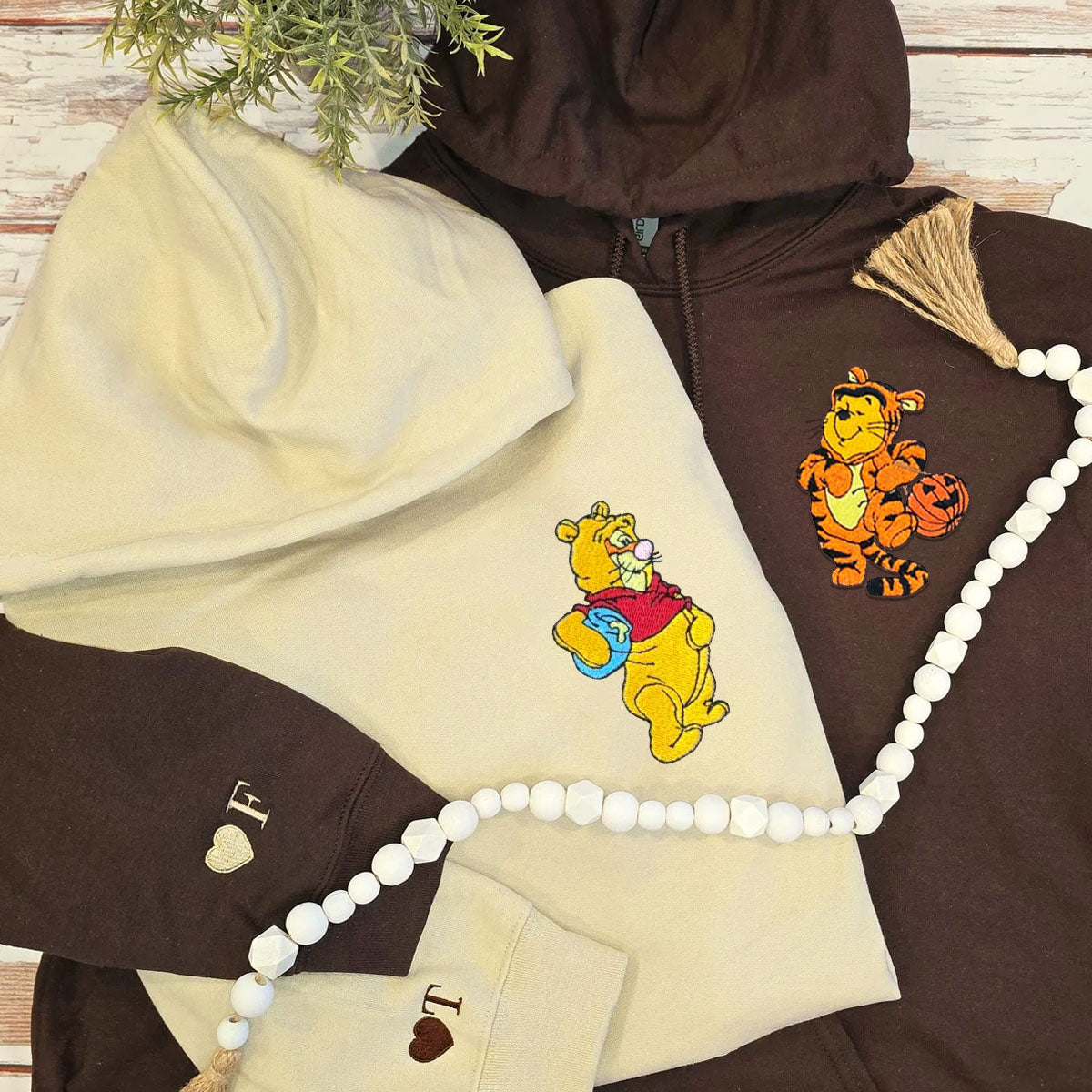 Custom Embroidered Hoodies For Couples, Cute Bear &amp; Tigger Halloween Couples Embroidered Hoodie