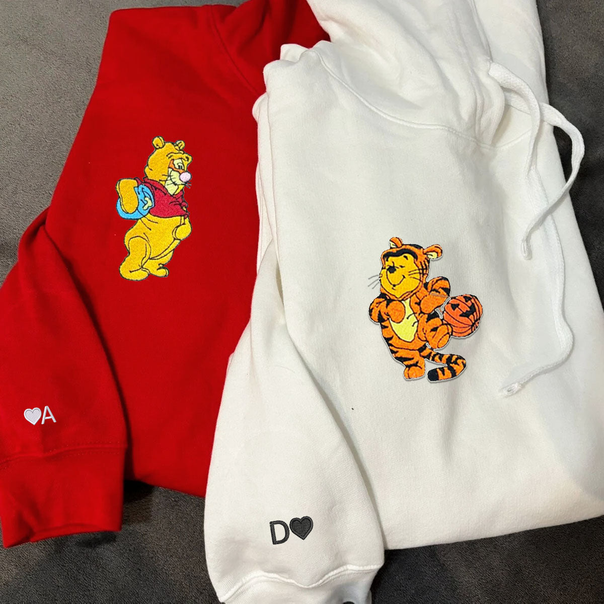 Custom Embroidered Hoodies For Couples, Cute Bear & Tigger Halloween Couples Embroidered Hoodie