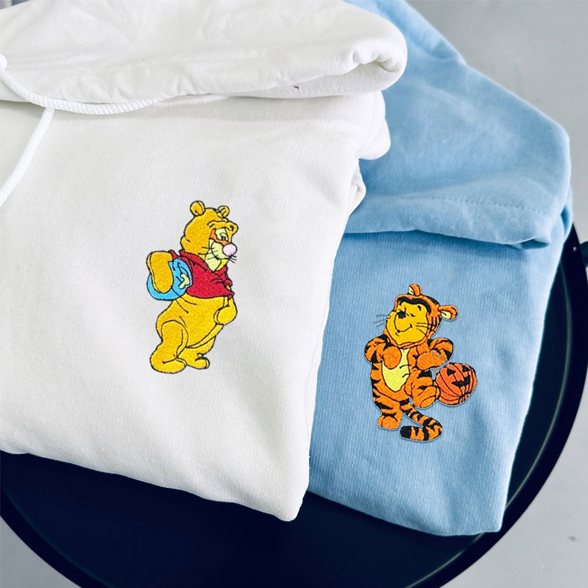 Custom Embroidered Hoodies For Couples, Cute Bear & Tigger Halloween Couples Embroidered Hoodie