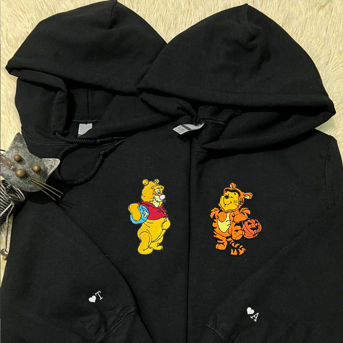 Custom Embroidered Hoodies For Couples, Cute Bear & Tigger Halloween Couples Embroidered Hoodie