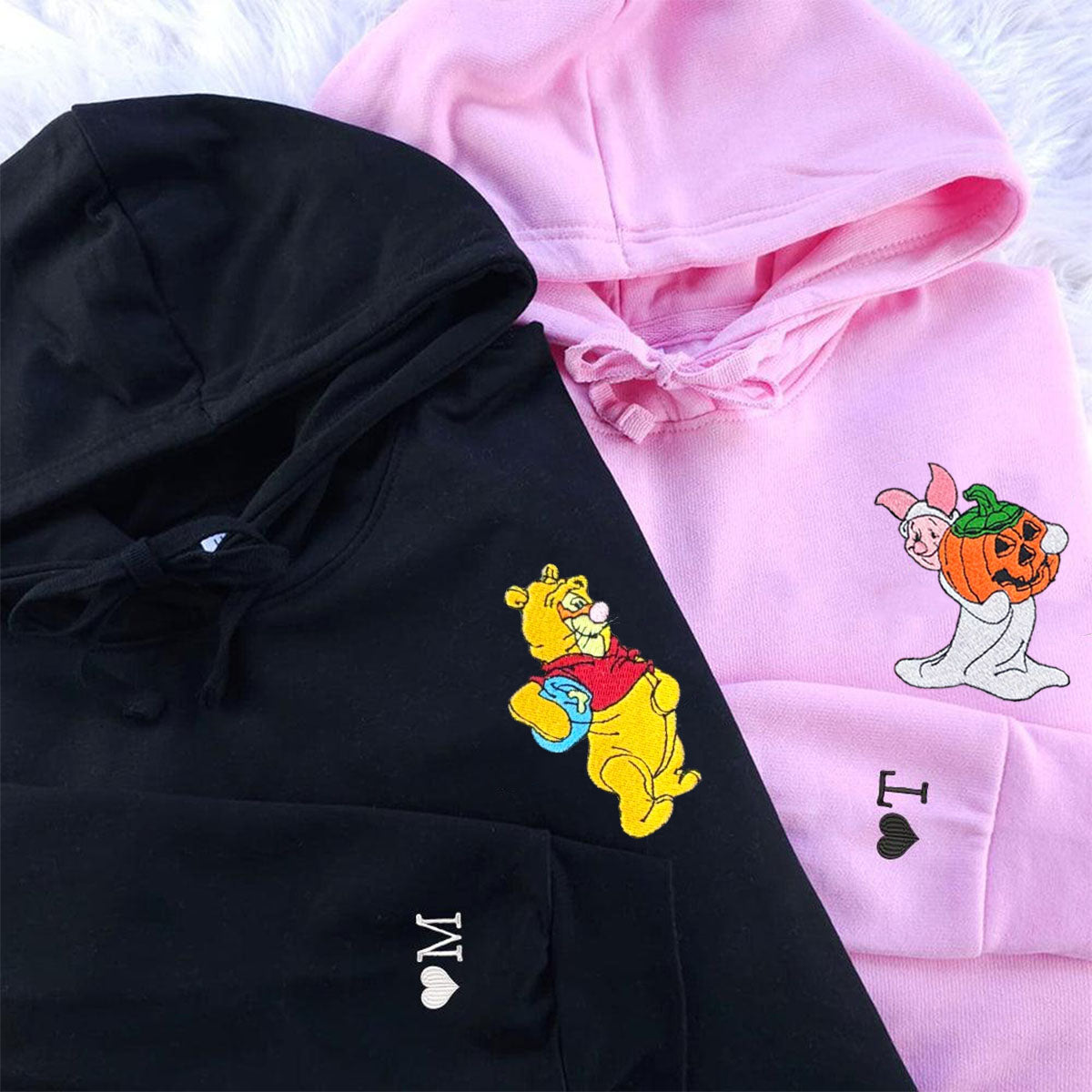 Custom Embroidered Hoodies For Couples, Cute Bear and Piglet Halloween Couples Embroidered Hoodie