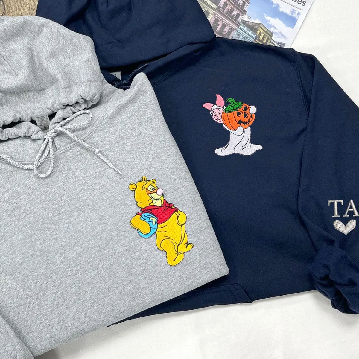 Custom Embroidered Hoodies For Couples, Cute Bear and Piglet Halloween Couples Embroidered Hoodie