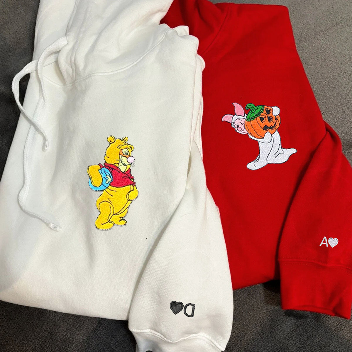 Custom Embroidered Hoodies For Couples, Cute Bear and Piglet Halloween Couples Embroidered Hoodie