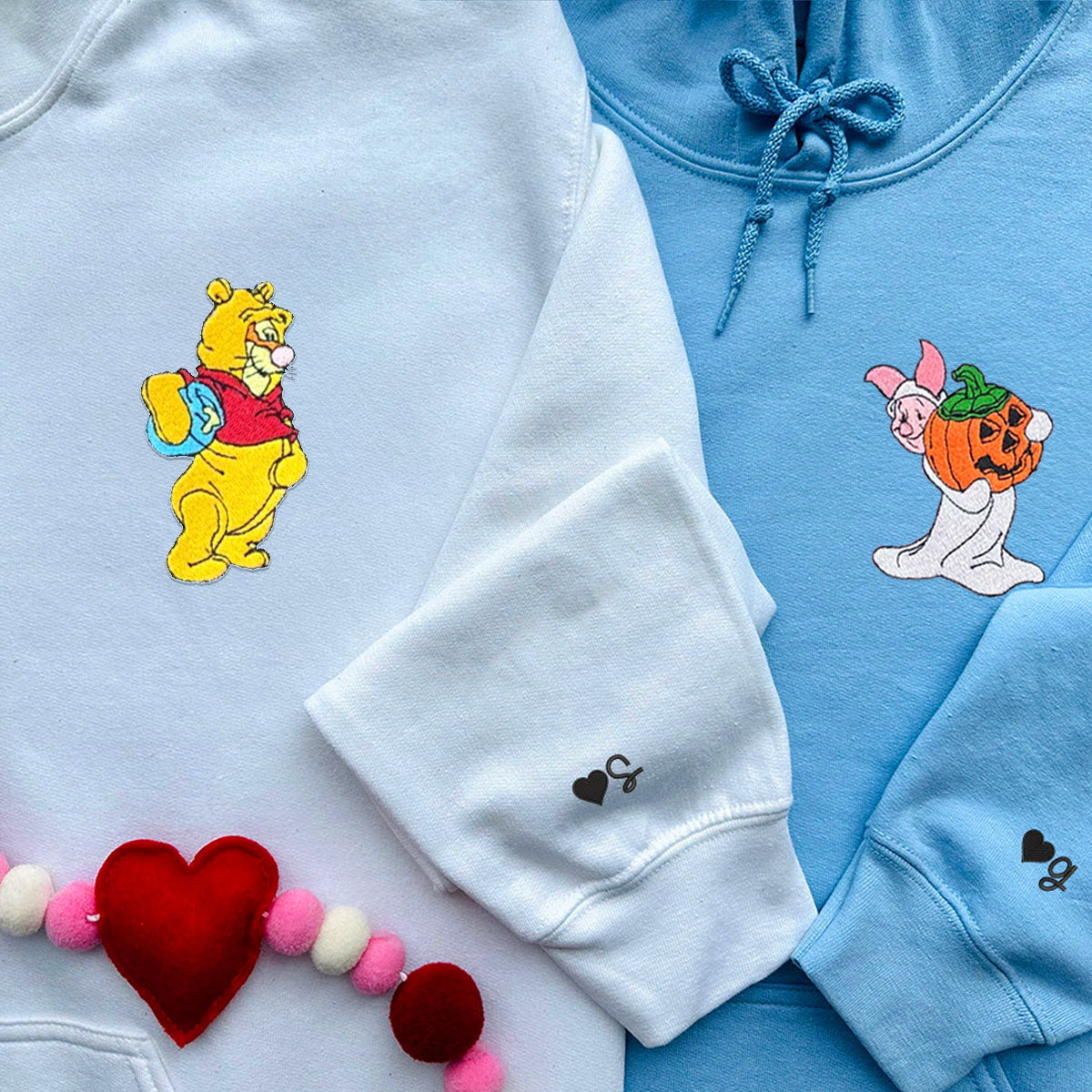 Custom Embroidered Hoodies For Couples, Cute Bear and Piglet Halloween Couples Embroidered Hoodie