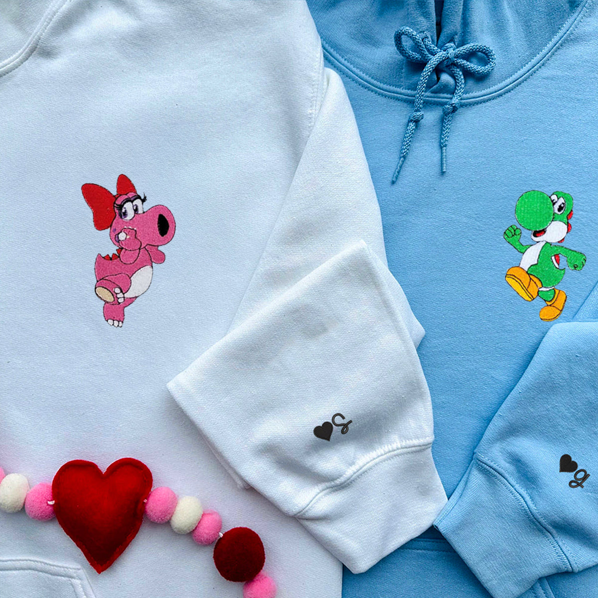 Custom Embroidered Hoodies For Couples, Cute Dinosaurs Valentine Couples Embroidered Hoodie