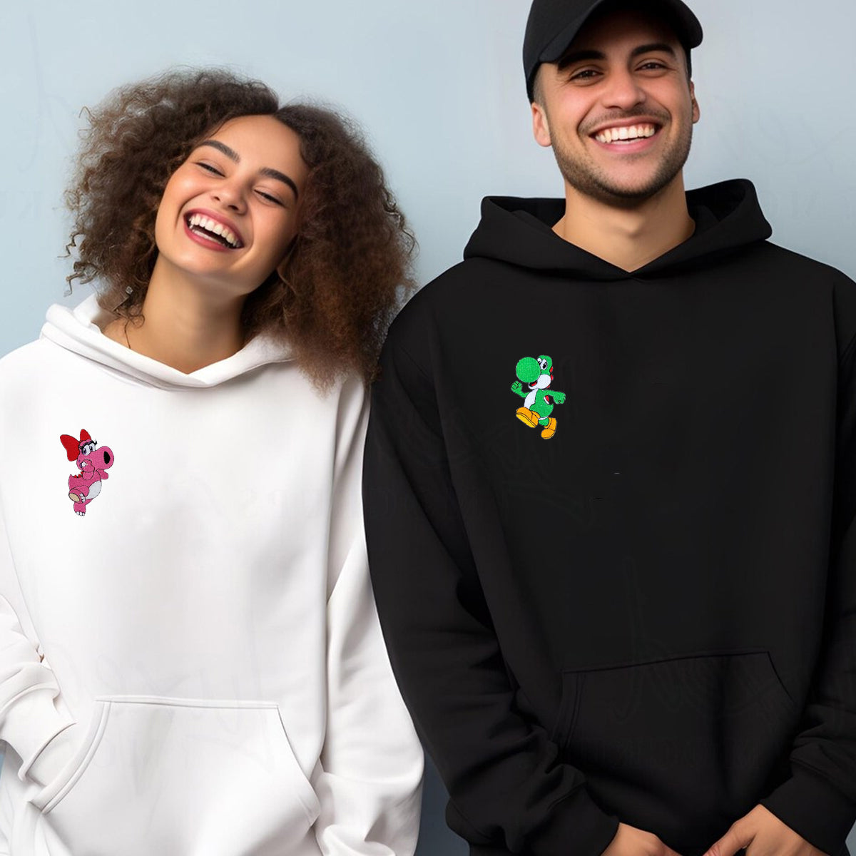 Custom Embroidered Hoodies For Couples, Cute Dinosaurs Valentine Couples Embroidered Hoodie