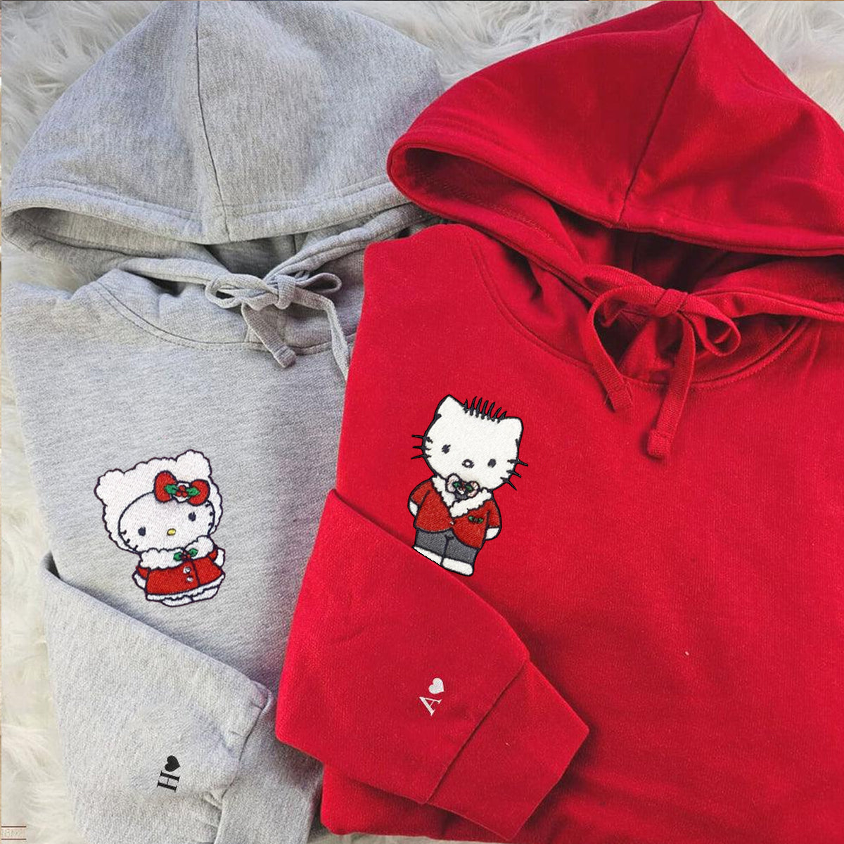 Custom Embroidered Hoodies For Couples, Cute Kitten Christmas Couples Embroidered Hoodie