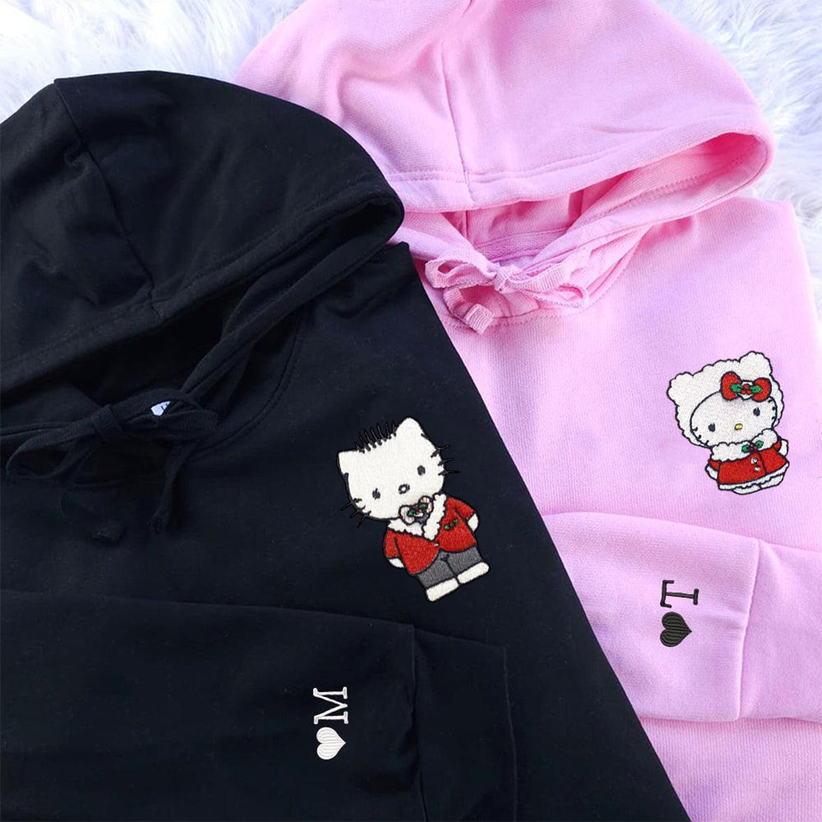 Custom Embroidered Hoodies For Couples, Cute Kitten Christmas Couples Embroidered Hoodie