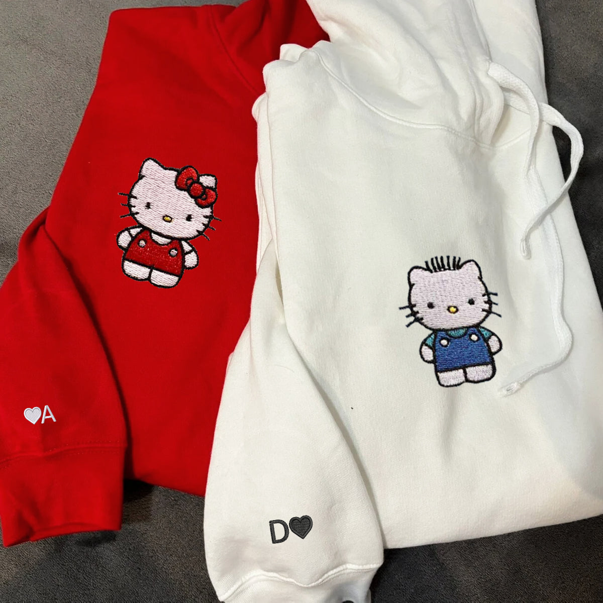 Custom Embroidered Hoodies For Couples, Cute Kitten Couples Embroidered Hoodie