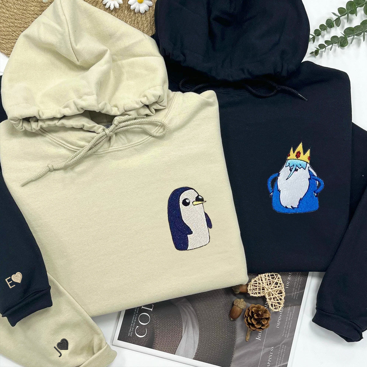 Custom Embroidered Hoodies For Couples, Cute Penguin Couples Embroidered Hoodie