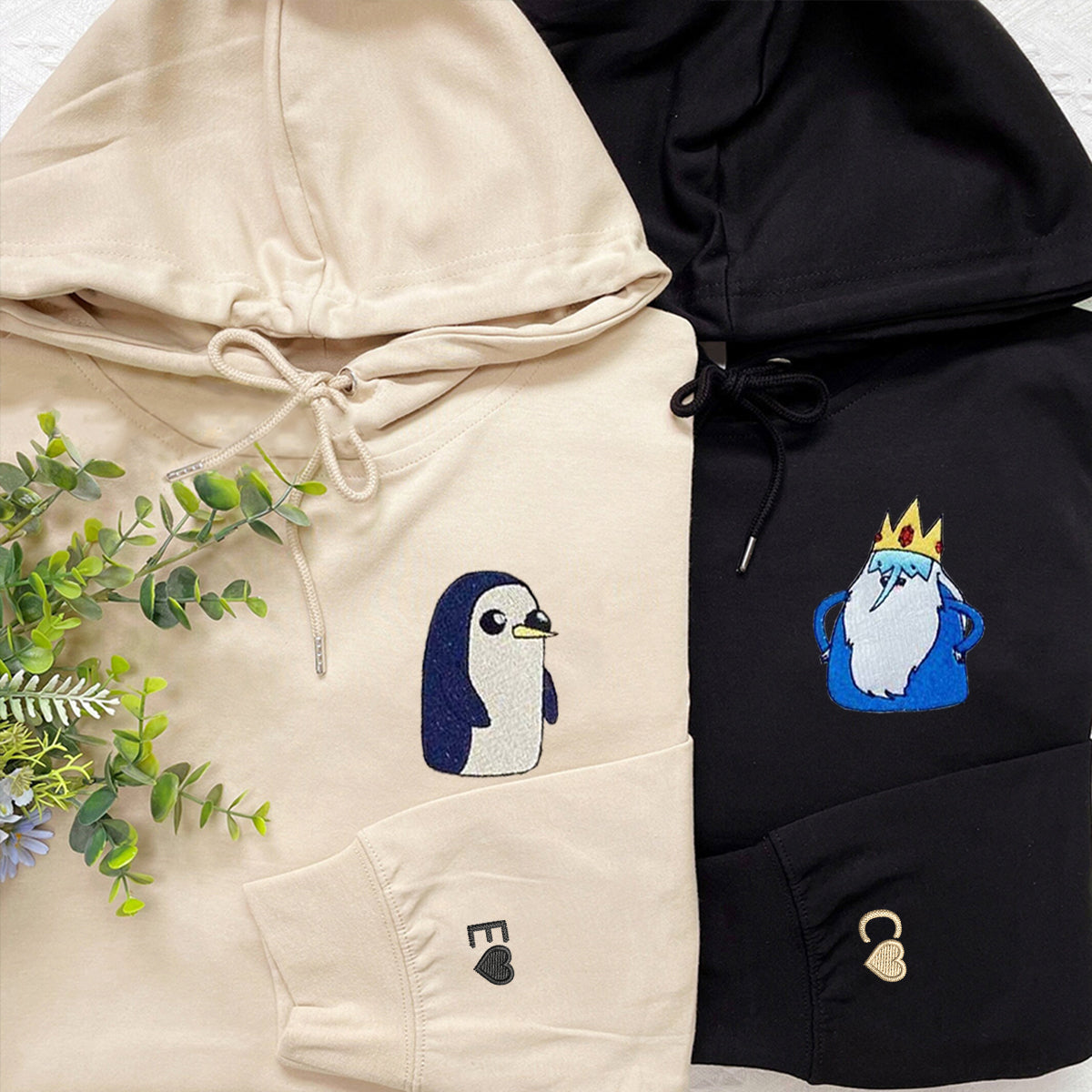 Custom Embroidered Hoodies For Couples, Cute Penguin Couples Embroidered Hoodie