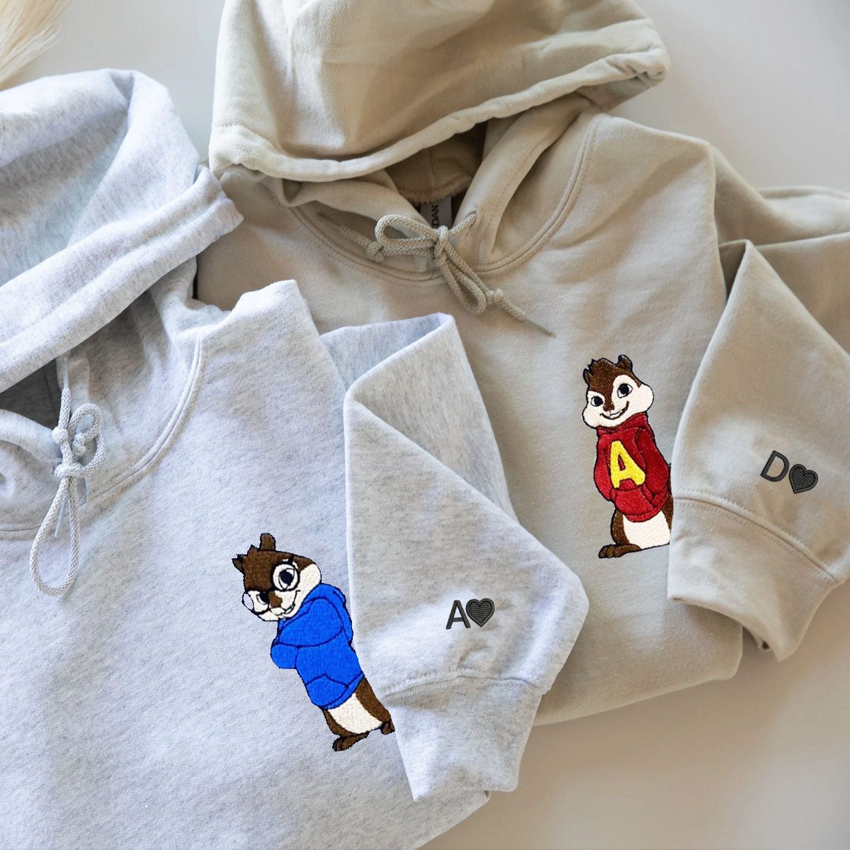 Custom Embroidered Hoodies For Couples, Cute Simon and Alvin Couples Embroidered Hoodie