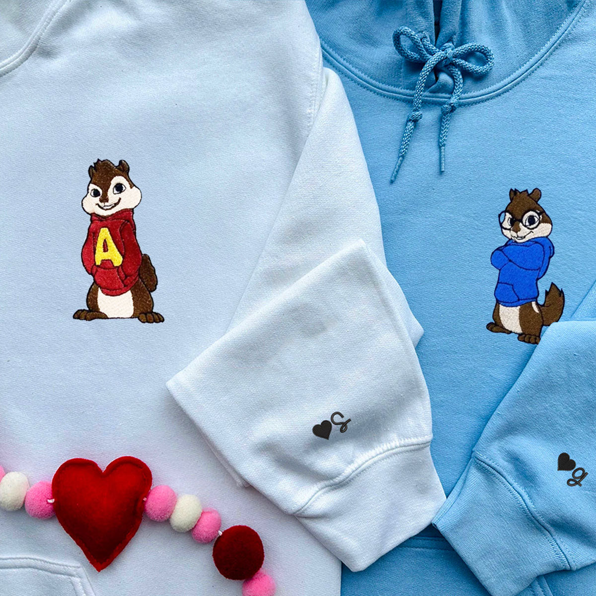 Custom Embroidered Hoodies For Couples, Cute Simon and Alvin Couples Embroidered Hoodie