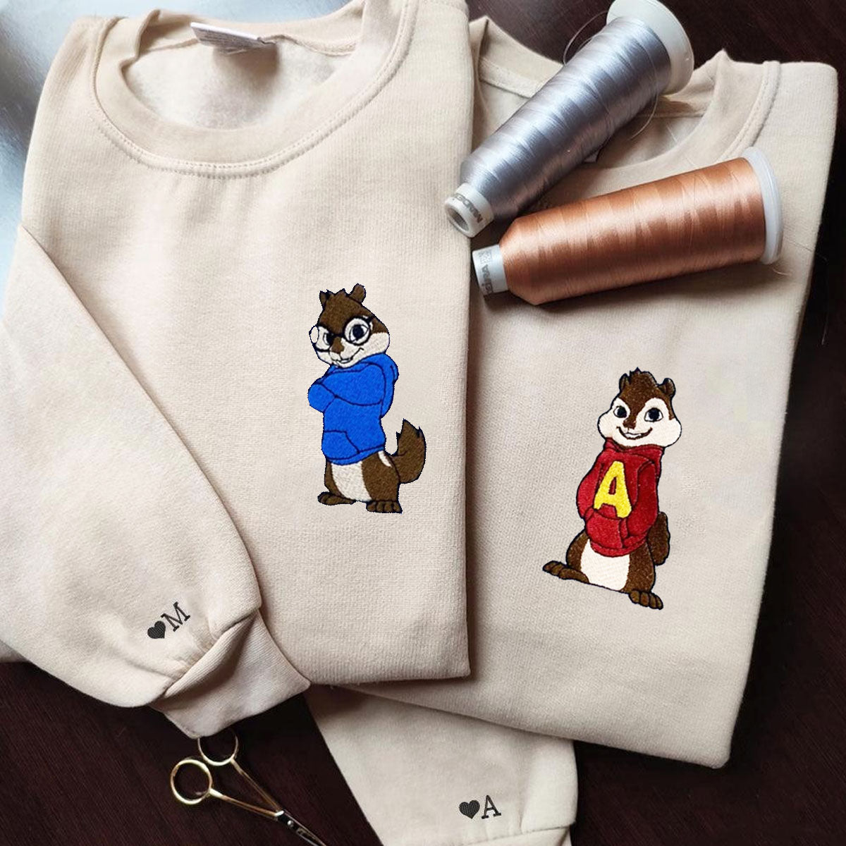 Custom Embroidered Hoodies For Couples, Cute Simon and Alvin Couples Embroidered Hoodie