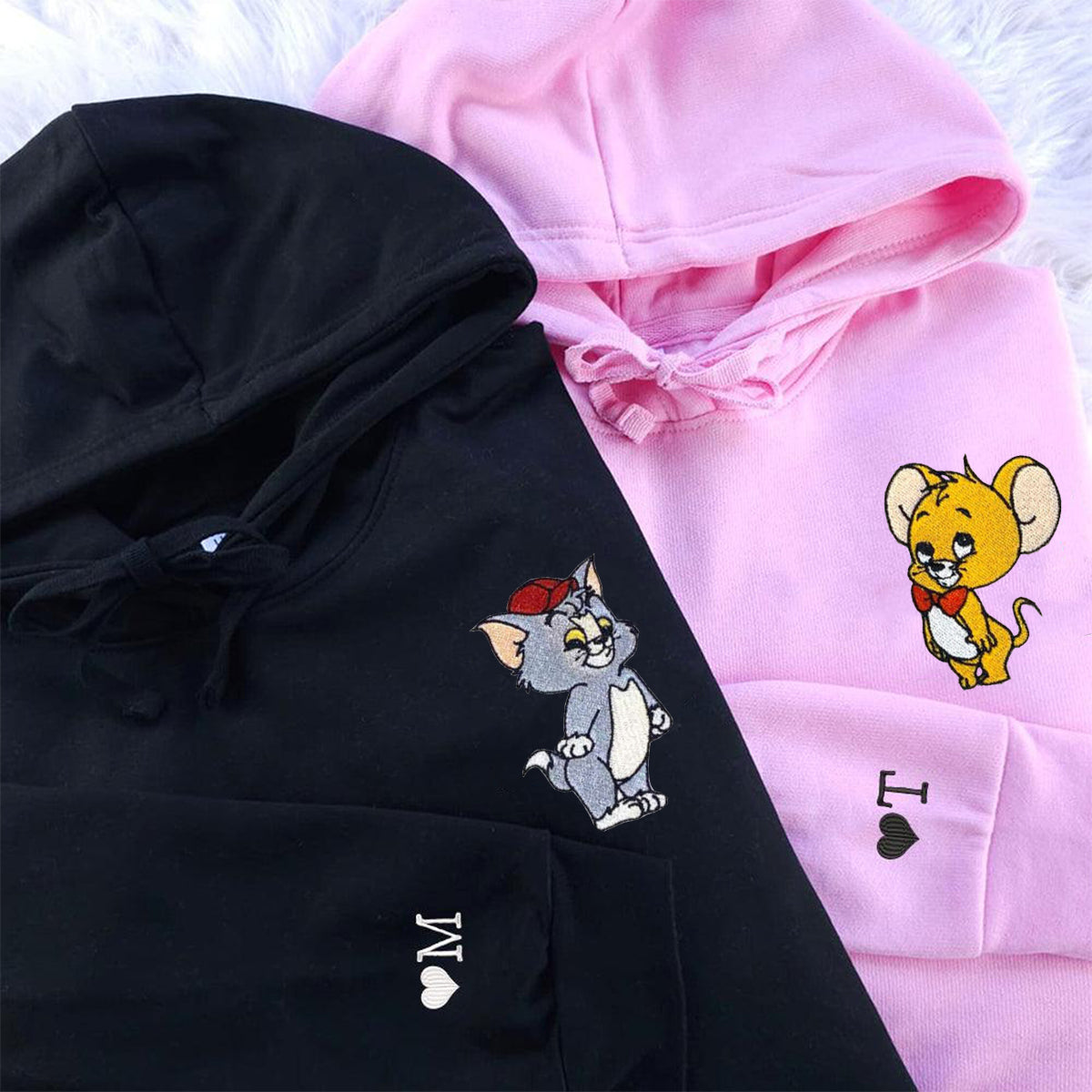 Custom Embroidered Hoodies For Couples, Funny Cat and Mouse Couples Embroidered Hoodie