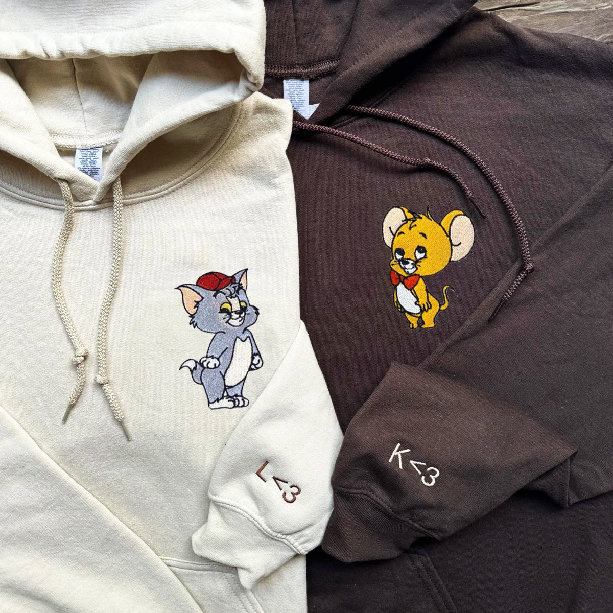 Custom Embroidered Hoodies For Couples, Funny Cat and Mouse Couples Embroidered Hoodie