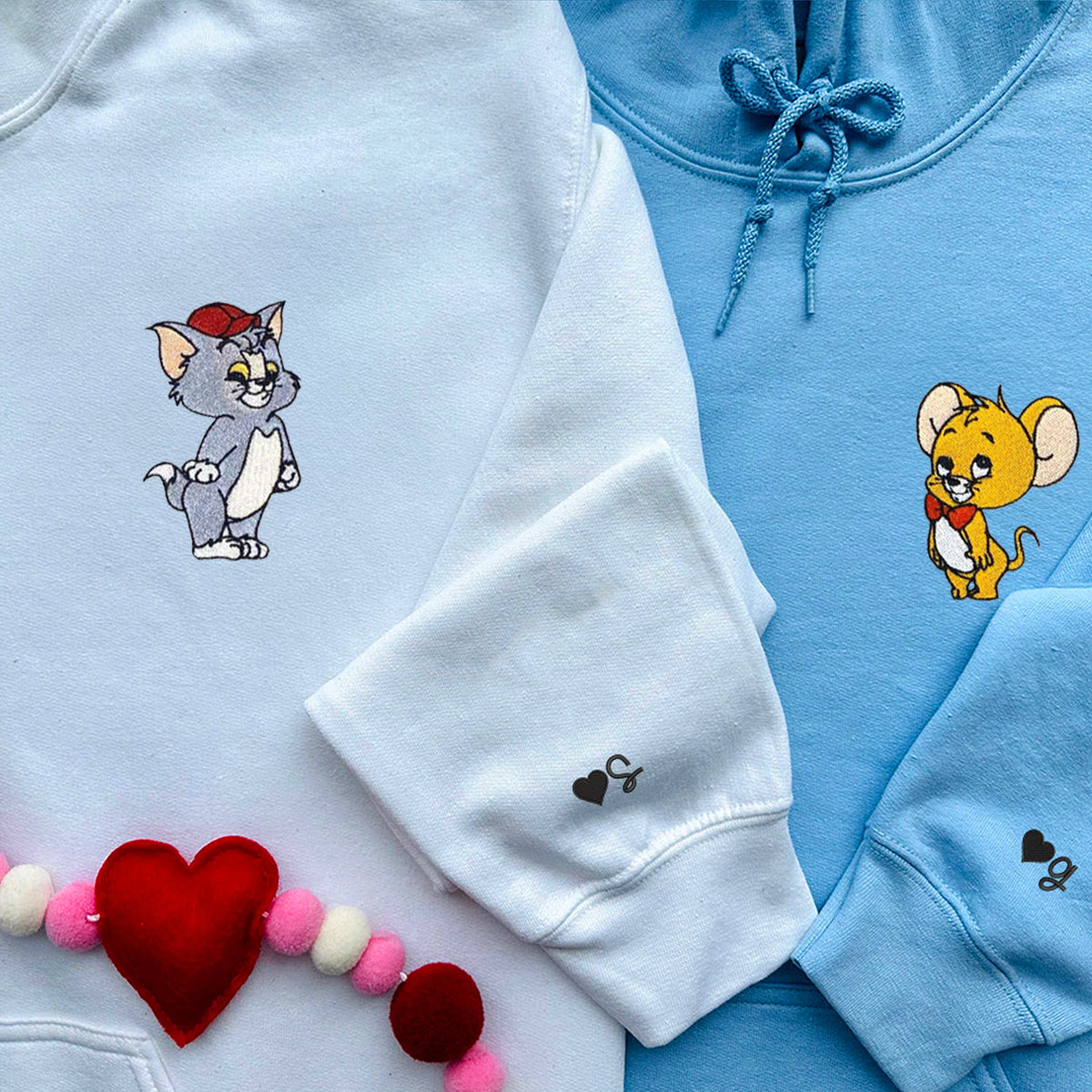 Custom Embroidered Hoodies For Couples, Funny Cat and Mouse Couples Embroidered Hoodie