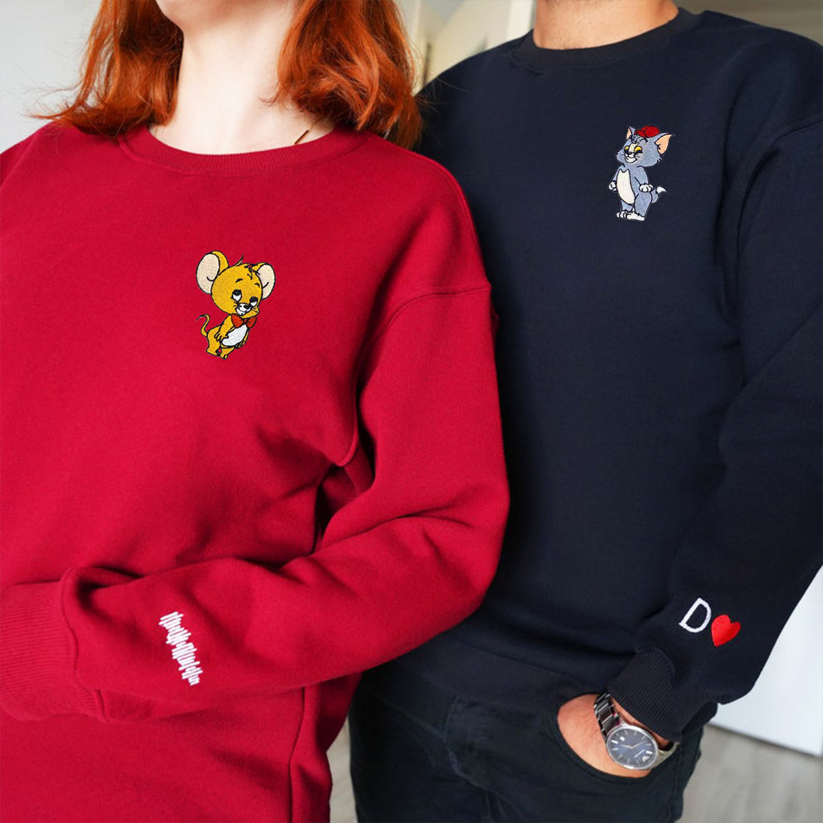 Custom Embroidered Hoodies For Couples, Funny Cat and Mouse Couples Embroidered Hoodie