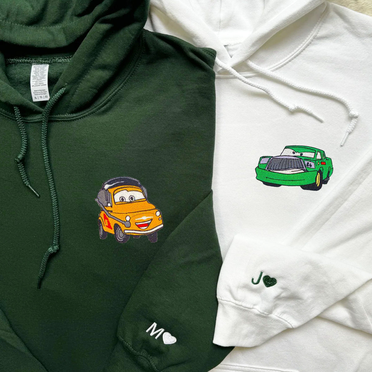 Custom Embroidered Hoodies For Couples, Lovely Cars Couples Embroidered Hoodie