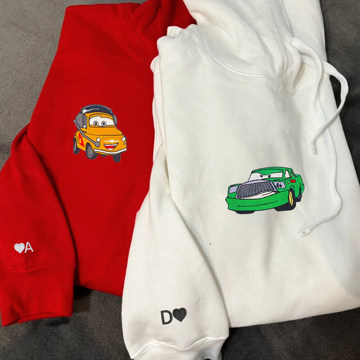 Custom Embroidered Hoodies For Couples, Lovely Cars Couples Embroidered Hoodie