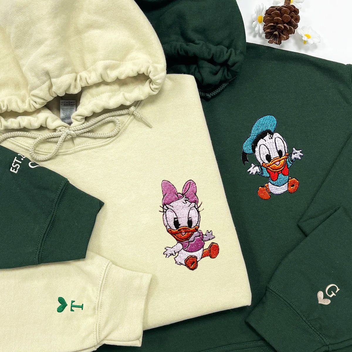 Custom Embroidered Hoodies For Couples, Lovely Ducks Couples Embroidered Hoodie