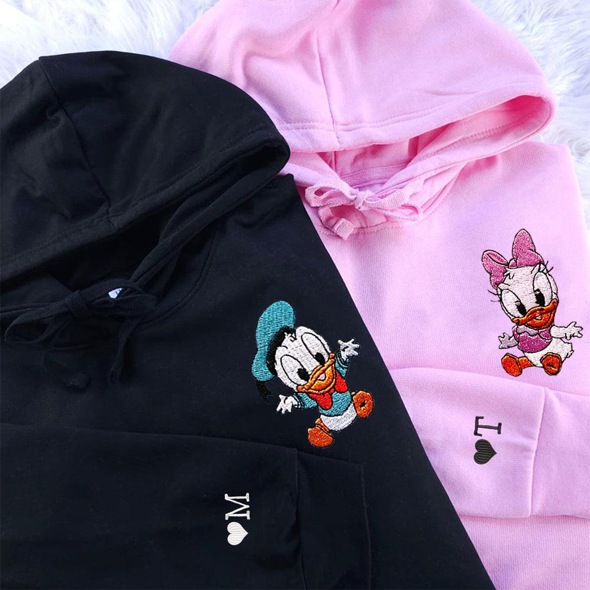 Custom Embroidered Hoodies For Couples, Lovely Ducks Couples Embroidered Hoodie