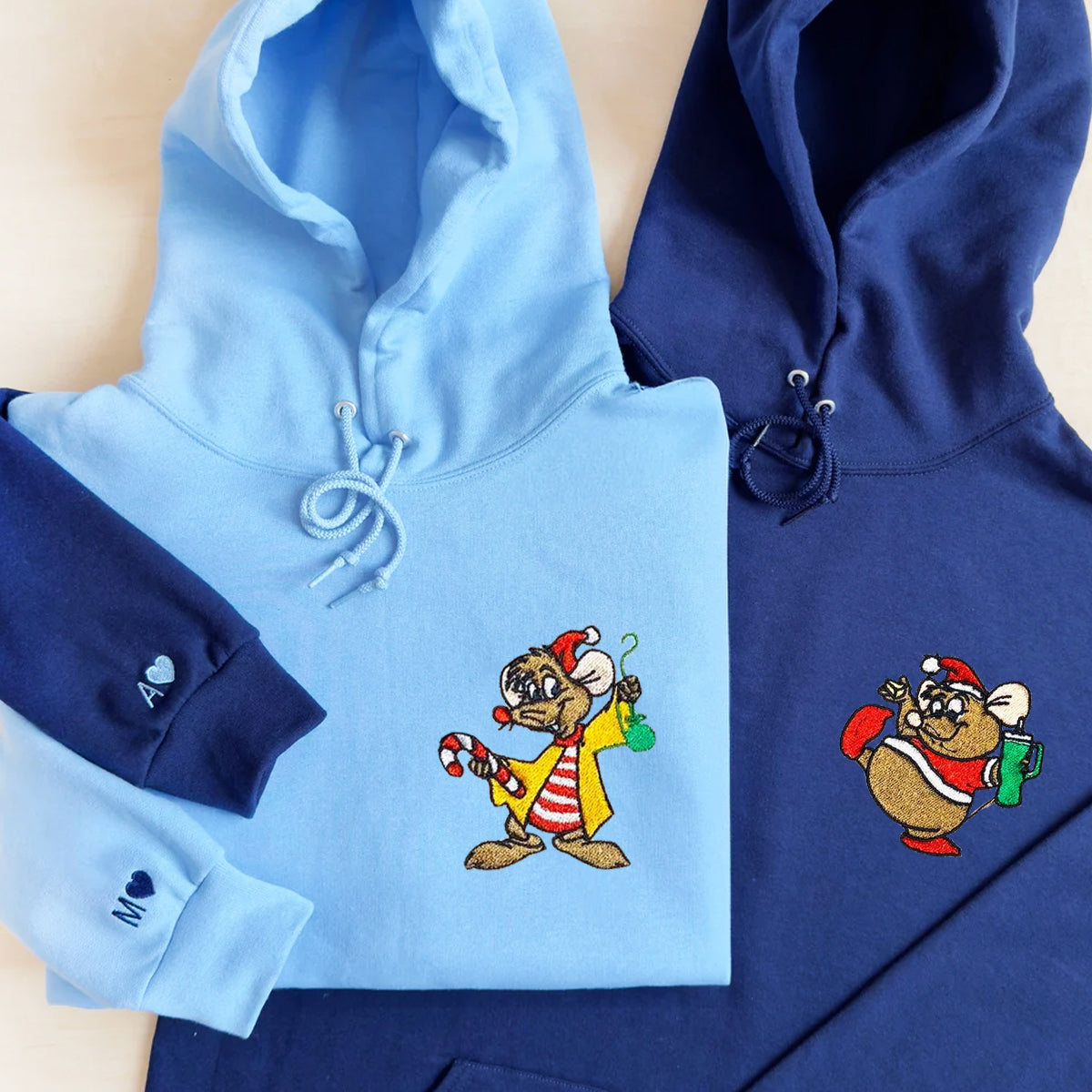 Custom Embroidered Hoodies For Couples, Lovely Mouse Christmas Couples Embroidered Hoodie