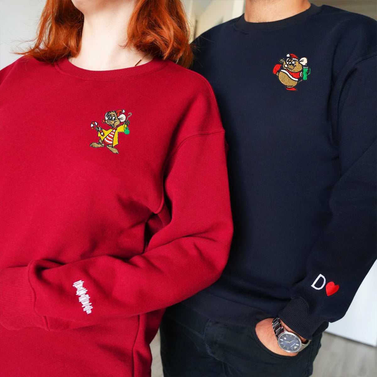 Custom Embroidered Hoodies For Couples, Lovely Mouse Christmas Couples Embroidered Hoodie