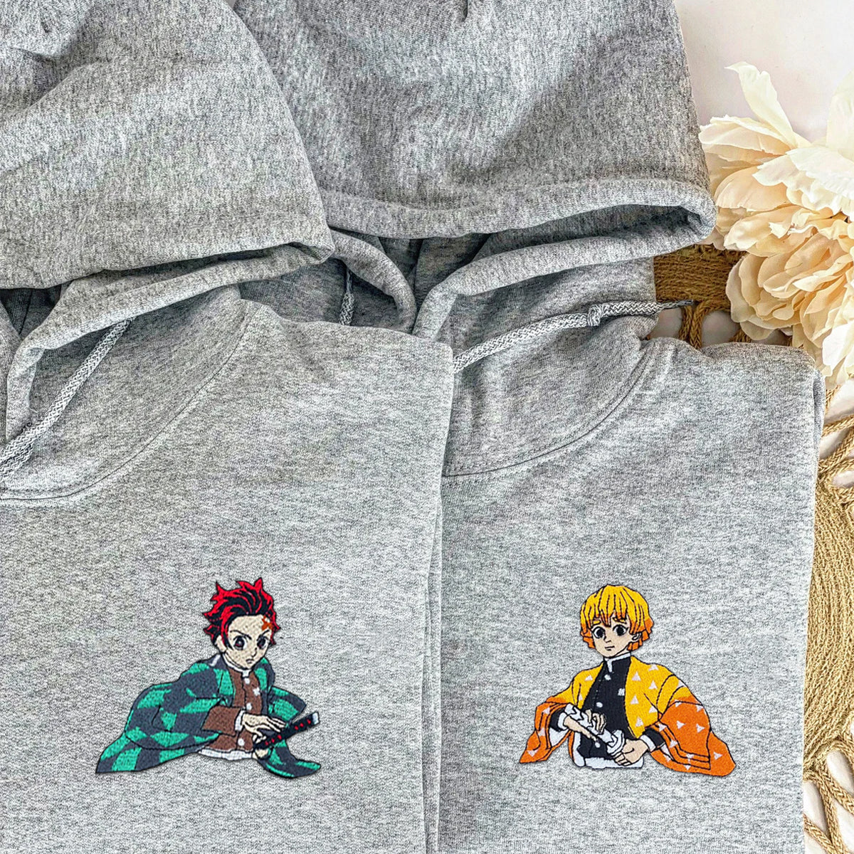 Custom Embroidered Hoodies for Couples, Anime Character Couples Embroidered Hoodie