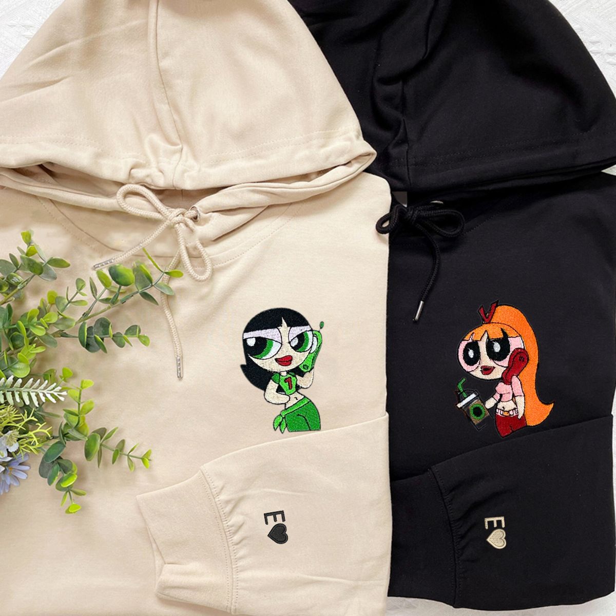 Custom Embroidered Hoodies for Couples, Chibi Cartoon Characters Couples Embroidered Hoodie