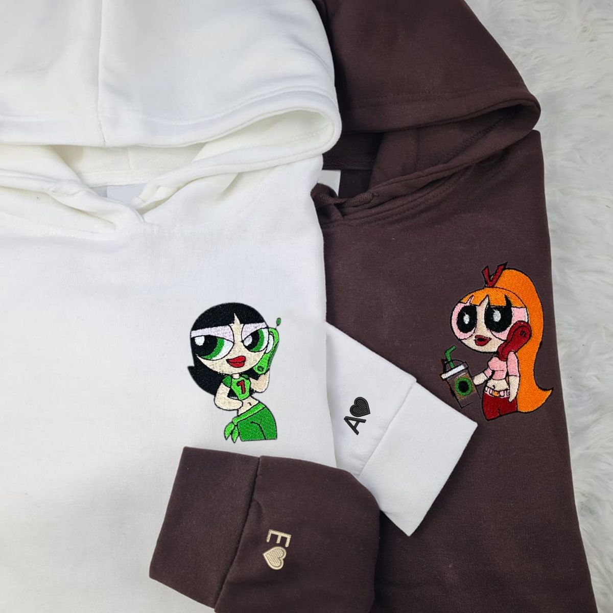 Custom Embroidered Hoodies for Couples, Chibi Cartoon Characters Couples Embroidered Hoodie