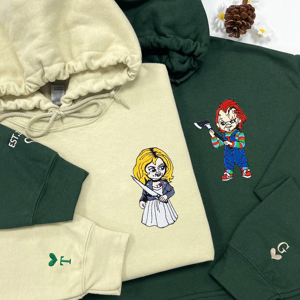 Custom Embroidered Hoodies for Couples, Chucky Halloween Couples Embroidered Hoodie